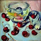 Colorful Still-Life Painting: Glass Bowl with Lemon Slices and Cherries