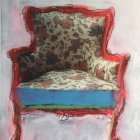 Vibrant abstract armchair painting with red, blue, and cream colors