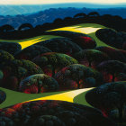 Stylized painting of rolling hills in green, brown, and blue with dotted textures