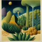 Colorful Stylized Flora in Surreal Landscape with Moon