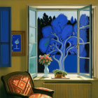 Nighttime room painting with open window, tree silhouette, full moon, and flower vase.