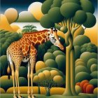 Vibrant giraffe illustration in patterned forest landscape