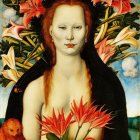 Portrait of Woman with Pale Skin and Red Lips Among Vibrant Flowers