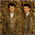 Identical Figures in Vintage Suits Against Mosaic Background