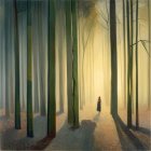 Solitary figure in serene bamboo forest at sunrise or sunset