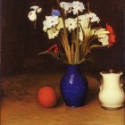 Still Life Painting: Flowers in Blue Vase, Candle, Jug, and Glass on Reflective Surface