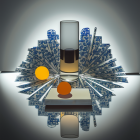 Glass of Amber Liquid, Golden Fruits, Blue Leaves on Reflective Surface