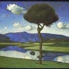 Vibrant solitary tree painting by calm lake with mountains and blue sky