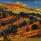 Colorful patchwork landscape under serene sky in surreal style