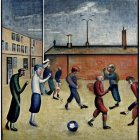 Men in overcoats and hats playing soccer on industrial field