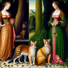 Stylized women in ornate dresses with colorful cats in whimsical nighttime scene