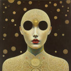 Patterned Golden Mask and Body Art Against Dark Background with Golden Orbs