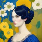 Digital artwork: Woman with blue hair in traditional attire among yellow and white flowers on blue background