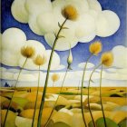 Surreal painting of oversized dandelion-like flowers in vivid landscape