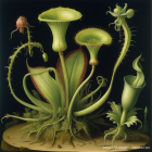 Detailed painting of carnivorous plants on dark background