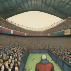 Surreal illustration of vast stadium with uniformed figures and central commander under spotlight