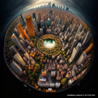 Circular surreal cityscape with intricate gold and black buildings and glowing orbs