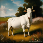 White Bull in Serene Meadow with Flowers and Blue Sky