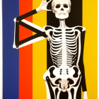 Stylized skeleton bodysuit person on colorful striped background