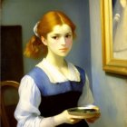 Portrait of young woman with auburn hair in blue and white dress holding gold plate