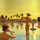 Nude figures in hats by tranquil lake at sunset