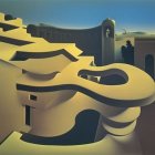 Stylized surreal desert landscape with sand dunes, architectural structures, clear sky