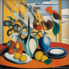 Vibrant bouquet of flowers in blue vase with fruit and dishes on table