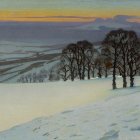 Winter Twilight Landscape: Snowy Hills, Bare Trees, Village, Sunset Sky