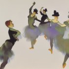 Four Ballet Dancers in Blue Tutus and Decorative Hats Performing Pose