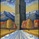 Skyscraper amidst colorful autumn trees with geometric sky patterns.