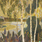 Stylized forest scene with white-barked trees and golden foliage