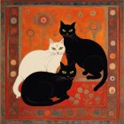 Three Cats Illustration on Colorful Floral Background