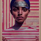 Digital artwork featuring woman with striped patterns and headscarf, gold forehead piece, set against geometric background