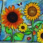 Colorful sunflower painting with bird and boats in background