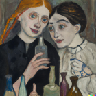 Vintage style portrait of two women with tear and bottles.