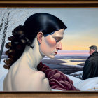 Profile portrait of woman in winter landscape with distant male figure and sunset