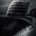 Futuristic spiraled building on bridge with waterfalls under brooding sky