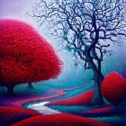 Colorful fantasy painting: red tree, heart-shaped leaves, winding path, quaint house, flying birds