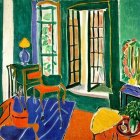 Colorful Painting of Sunlit Room with Green Windows and Flowering Plants