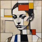 Geometric background painting of a woman with solemn expression