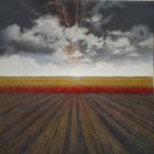 Stylized painting of radiant sun setting over textured field