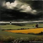 Dramatic sky over countryside with lone windmill