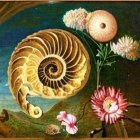 Ornate nautilus shell in vibrant floral oil painting