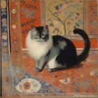 Fluffy Black and White Cat with Yellow Eyes on Oriental Rug