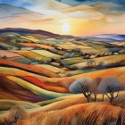 Colorful Landscape with Rolling Hills and Sun in Cloud-Striped Sky