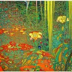 Colorful painting of a pond with water lilies, lotus flowers, and reeds in vibrant