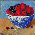 Colorful still life painting of berries in a bowl on blue and gold backdrop