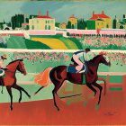 Colorful painting of jockeys, horses, and small dog at racetrack