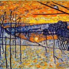 Wintry sunset painting with bare trees, snow, house, vivid sky