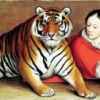 Woman in red dress with tiger and paintbrush in serene image